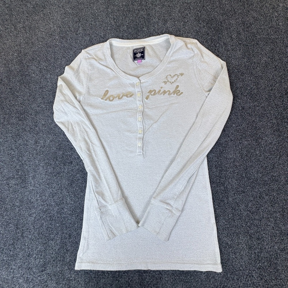 Victoria's Secret Love Pink Henley Top Womens Large Gray Logo Cotton Long Sleeve